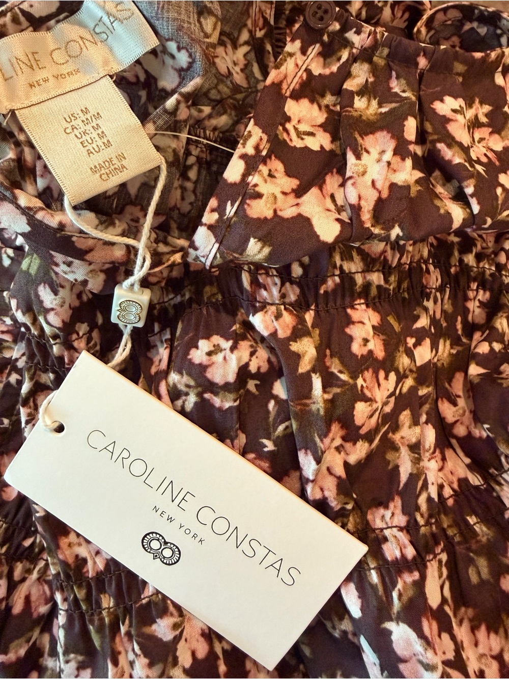 Caroline Constas Floral Ruffle Smocked Maxi Dress Brown Pink NWT - Picture 9 of 10